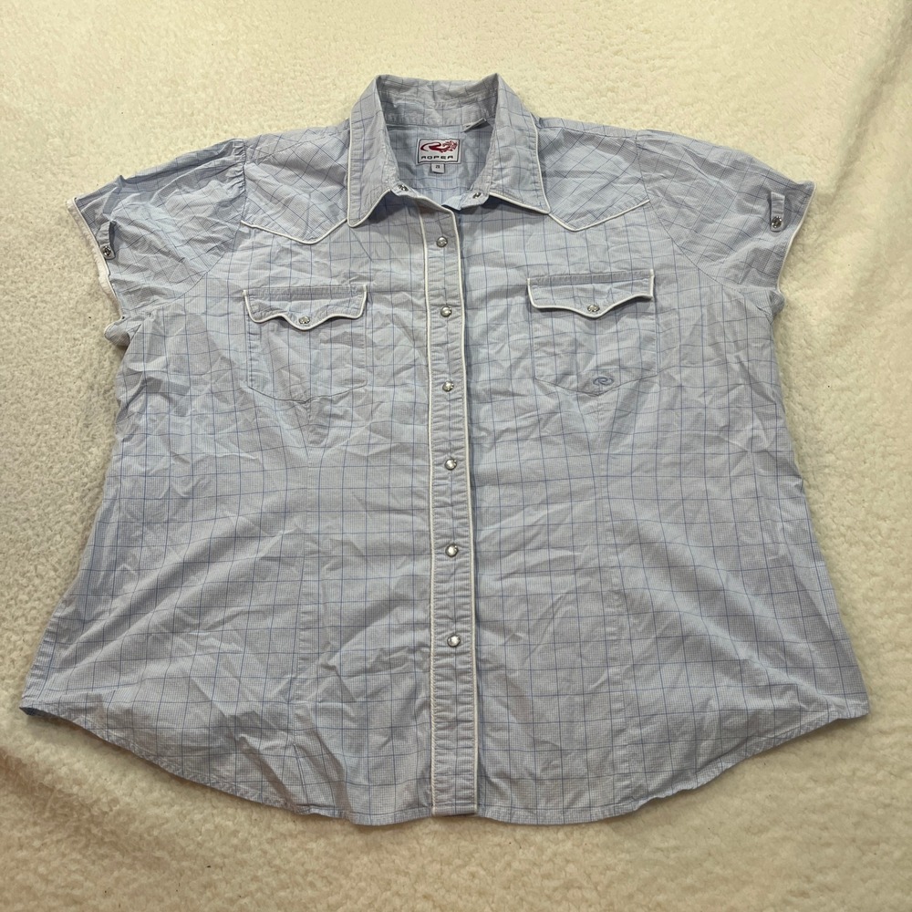 Roper Button Down Women 2X Blue Plaid Western Pearl Snap Short Sleeve Shirt